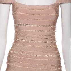 مملوكة مسبقًا Herve Leger Blush Pink Spandex Bead Embellished Cap Sleeve Top & Cecilia Skirt Set S