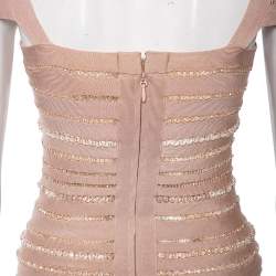 مملوكة مسبقًا Herve Leger Blush Pink Spandex Bead Embellished Cap Sleeve Top & Cecilia Skirt Set S