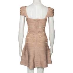 مملوكة مسبقًا Herve Leger Blush Pink Spandex Bead Embellished Cap Sleeve Top & Cecilia Skirt Set S