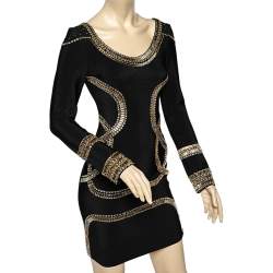 مملوكة مسبقًا Herve Leger Black Embellished Stretch Knit Long Sleeve Mini Dress M