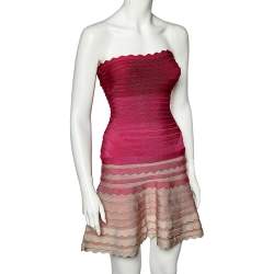 Herve Leger Fuchsia Ombre Knit Scalloped Strapless Dress S