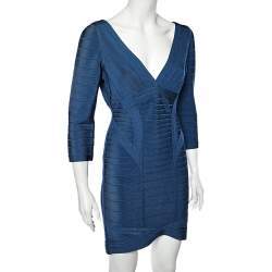 مملوكة مسبقًا Herve Leger Navy Blue Knit Kahli Bandage Dress L