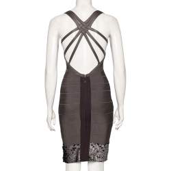 Herve Leger Grey Cross Back PU Sequin Embellished Bandage Dress S