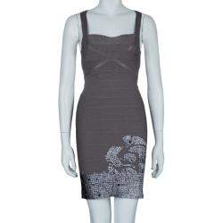 Pre Owned Herve Leger Grey Cross Back PU Sequin Embellished Bandage Dress S