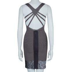 Pre Owned Herve Leger Grey Cross Back PU Sequin Embellished Bandage Dress S
