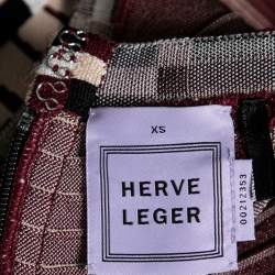 Herve Leger Maroon & Cream Patterned Stretch Knit Karlie Short Dress XS