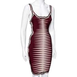 Herve Leger Maroon & Cream Patterned Stretch Knit Karlie Short Dress XS