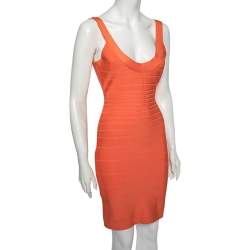 Pre Owned Herve Leger Orange Bandage Sleeveless Bodycon Dress S