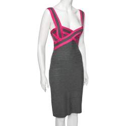 Pre Owned Herve Leger Grey and Pink Bandage Sleeveless Bodycon Dress M