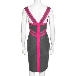 Pre Owned Herve Leger Grey and Pink Bandage Sleeveless Bodycon Dress M