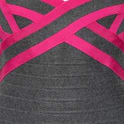 Pre Owned Herve Leger Grey and Pink Bandage Sleeveless Bodycon Dress M