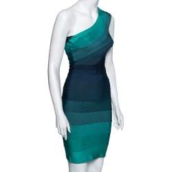 Herve Leger Blue & Green Ombre Bandage One-Shoulder Eliana Dress S 