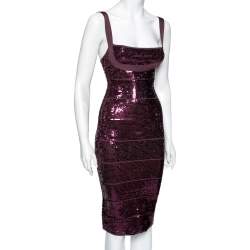 Herve Leger Purple Sequin Embellished Bandage Sleeveless Bodycon Dress S