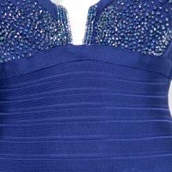 Pre Owned Herve Leger Blue Bandage Embellished Plunge Neck Bodycon Dress S