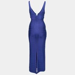 Pre Owned Herve Leger Blue Bandage Embellished Plunge Neck Bodycon Dress S