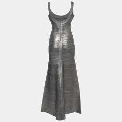 Herve Leger Metallic Grey Bandage Flared Maxi Dress M