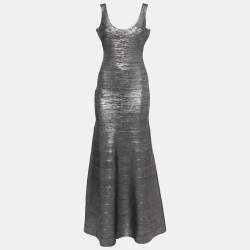Herve Leger Metallic Grey Bandage Flared Maxi Dress M