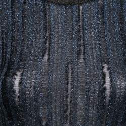 Herve Leger Metallic Blue & Black Stretch Knit Frayed Ribbed Detail Jumpsuit M