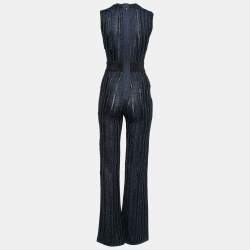 Herve Leger Metallic Blue & Black Stretch Knit Frayed Ribbed Detail Jumpsuit M