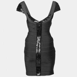 Herve Leger Grey Sequin Embellished Cap Sleeve Bandage Dress S