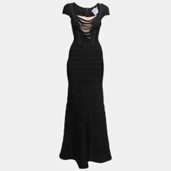 Herve Leger Black Knit Fringed Bodice Lora Bandage Mermaid Gown XS