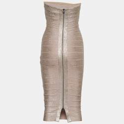 Pre Owned Herve Leger Rose Gold Foil Print Knit Sianna Strapless Dress S