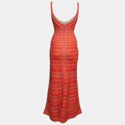 Herve Leger Orange Patterned Stretch Knit Filipa Maxi Dress S 