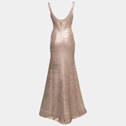 Pre Owned Herve Leger Light Pink & Gold Coated Bandage Ellen Maxi Dress M