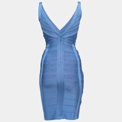 Pre Owned Herve Leger Blue Stretch Knit Bandage Dress XS