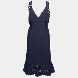 Herve Leger Dark Blue Bandage Knit Midi Dress L