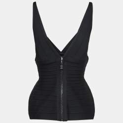 Herve Leger Black Knit V-Neck Sleeveless Top M