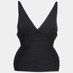 Herve Leger Black Knit V-Neck Sleeveless Top M