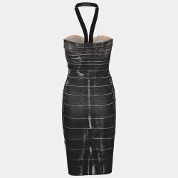 Pre Owned Herve Leger Black Beaded Halter Neck Mini Dress S