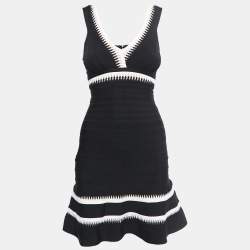 Herve Leger Black Knit Flared Sleeveless Bandage Dress XS