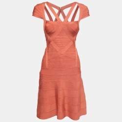 Herve Leger Orange Knit Bandage Short Dress XS