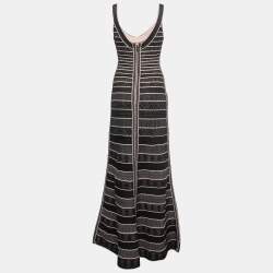 Herve Leger Black Patterned Knit Sleeveless Fit & Flare Gown L