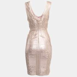Pre Owned Herve Leger Pink/Gold Bandage Knit Bodycon Dress M