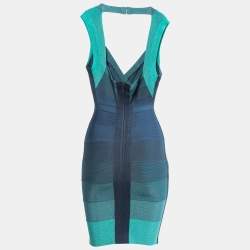 مملوكة مسبقًا Herve Leger Aqua Green Gradient Knit Amee Bandage Dress XS