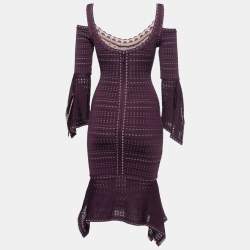 Pre Owned Herve Leger Purple Perforated Knit Cold Shoulder Bodycon Dress XXS