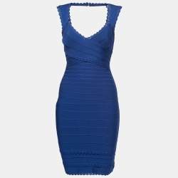 Pre Owned Herve Leger Blue Bandage Knit Amelia Bodycon Dress S