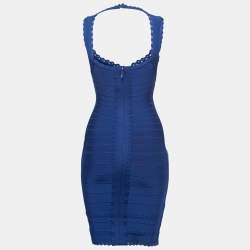 Pre Owned Herve Leger Blue Bandage Knit Amelia Bodycon Dress S