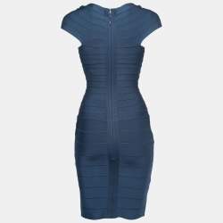 Herve Leger Blue Bandage Knit Cap Sleeve Bodycon Dress XS