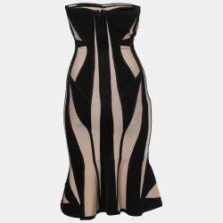 Herve Leger Beige/Black Knit Strapless Bodycon Dress S