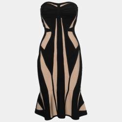 Herve Leger Beige/Black Knit Strapless Bodycon Dress S