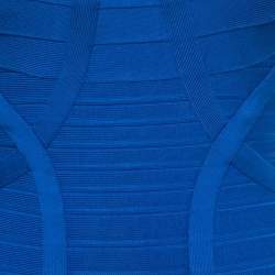 Pre Owned Herve Leger Blue Bandage Knit Cap Sleeve Bodycon Dress S