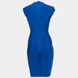 Pre Owned Herve Leger Blue Bandage Knit Cap Sleeve Bodycon Dress S