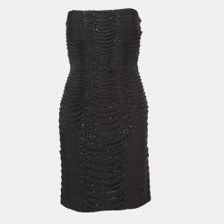 Herve Leger Black Sequined Knit Strapless Mini Dress L
