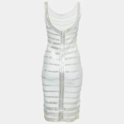 Herve Leger White Striped Sequin-Embellished Bodycon Dress M