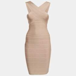Herve Leger Beige Bandage Knit Off-Shoulder Mini Dress S