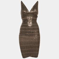 Herve Leger Brown Sequin Sleeveless Bodycon Dress S